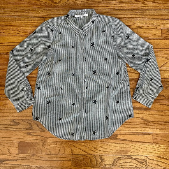 Collective Concepts Black Stripe Seersucker Stars Ruffle  Button Down Shirt M - Picture 1 of 9